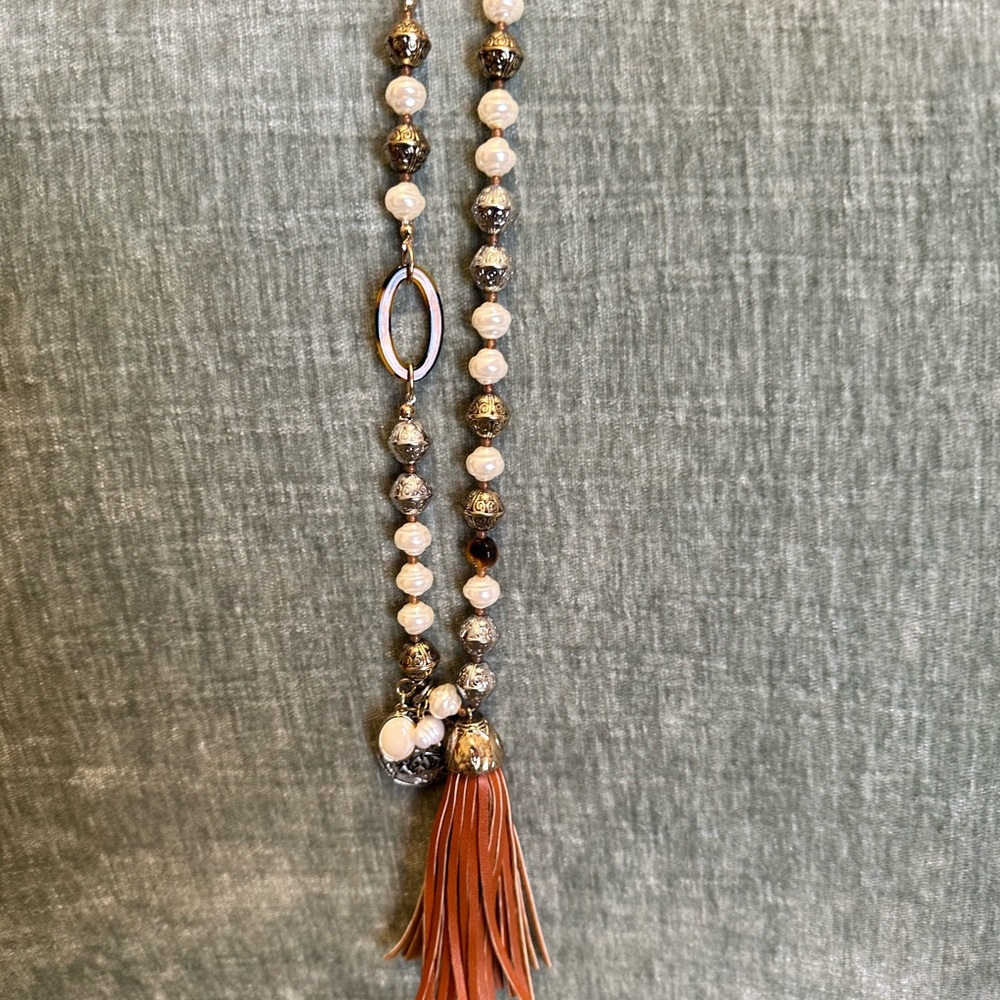 Chico’s Pearl and Gold Bead Necklace with Leather Tassel